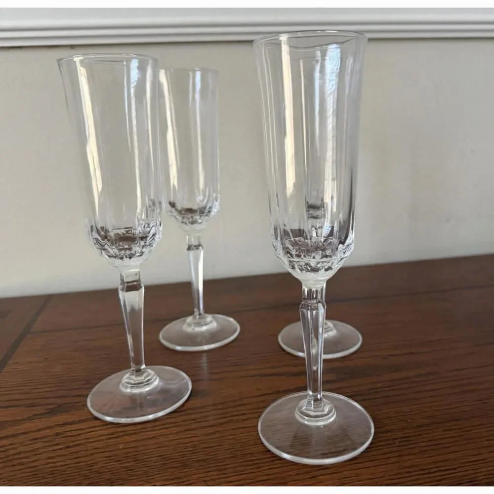 St George Crystal Champagne Flutes, Hex Stem, Set of 4, Vintage